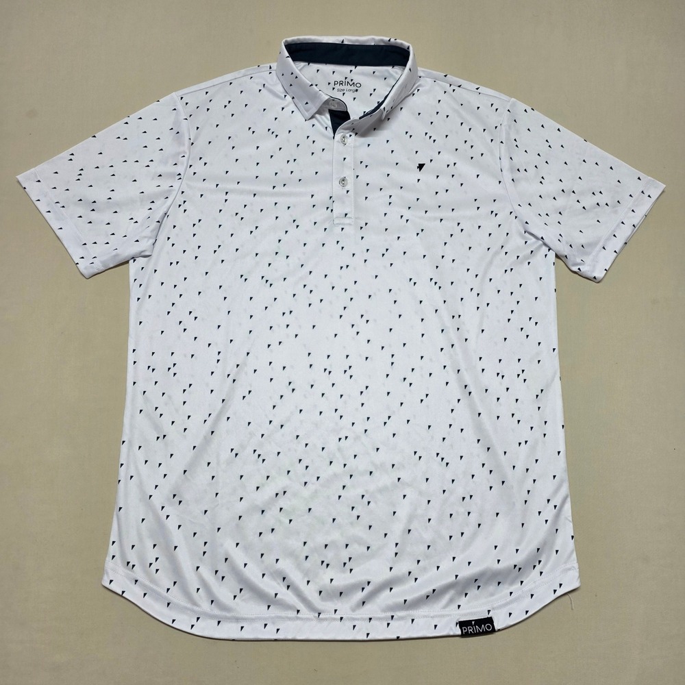 Primo Men Golf Large Polo Shirt White Geometric Triangle Print Short Sleeve